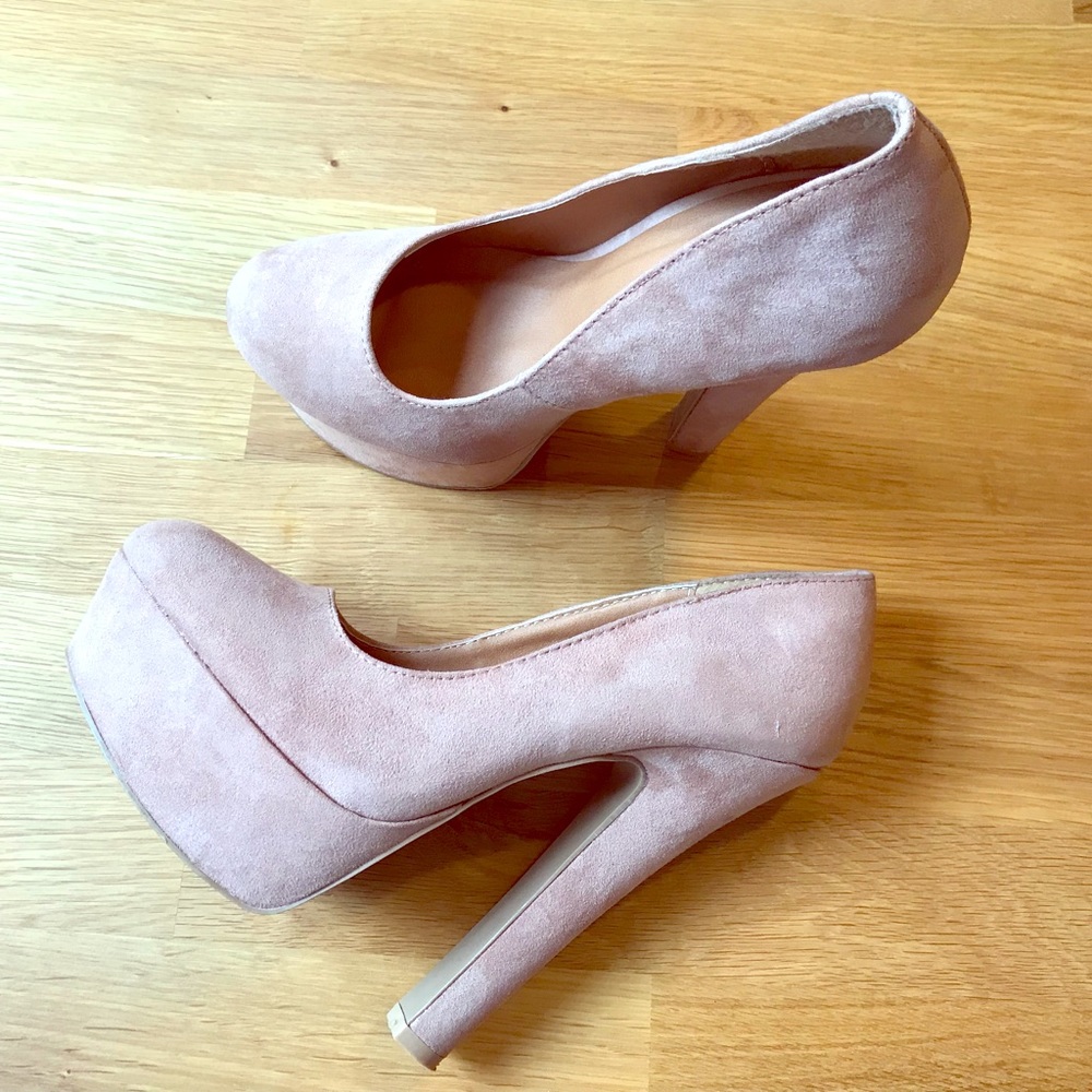 Blush-pink suede platform heels, worn once